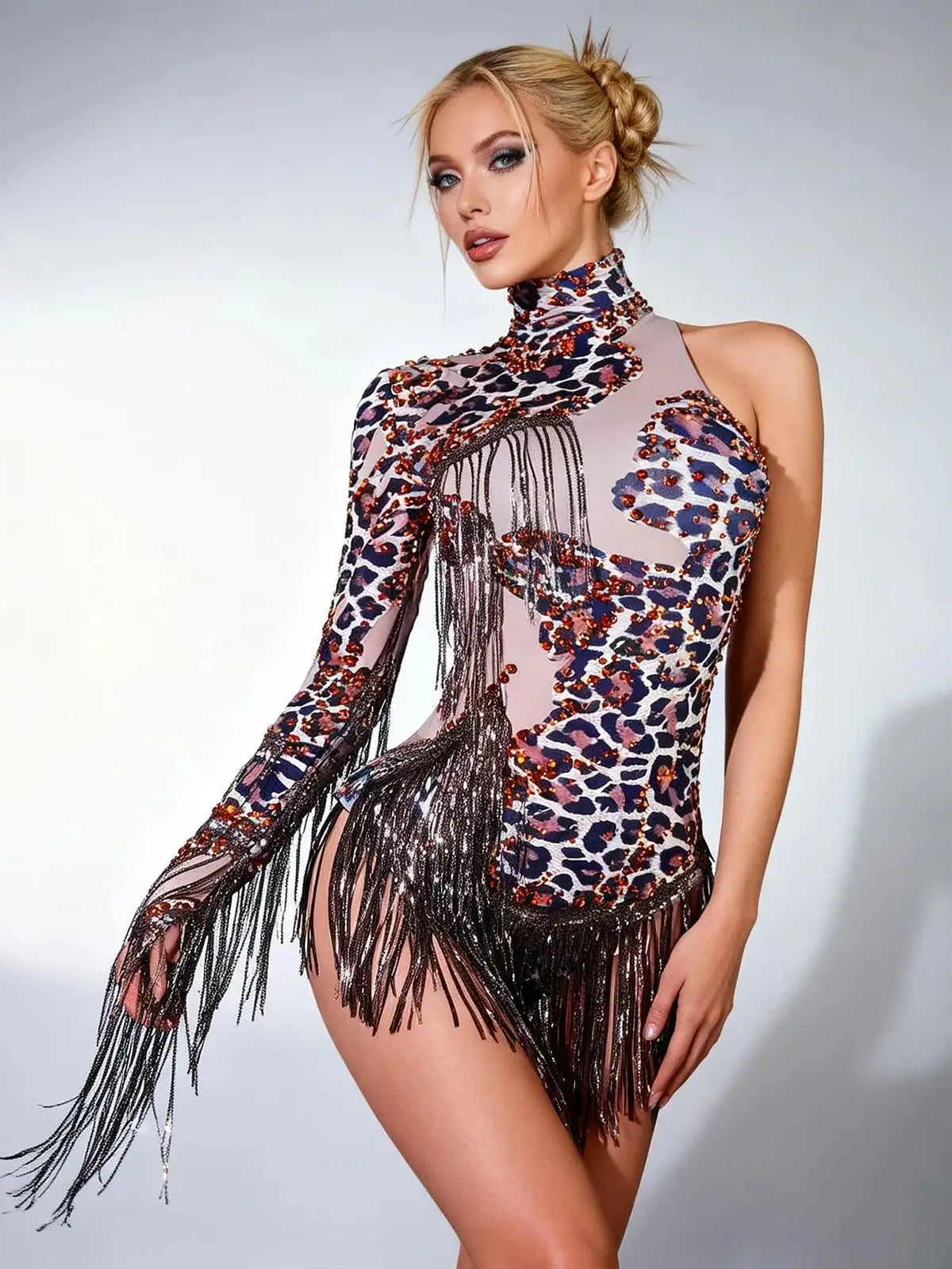 Leopard Sequin Fringe Asymmetrical Bodysuit One-Sleeve Stage Performance Costume