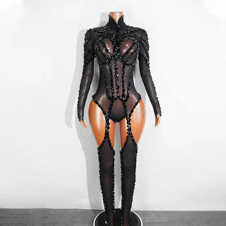 Rhinestone Mesh Jumpsuit Costume Set