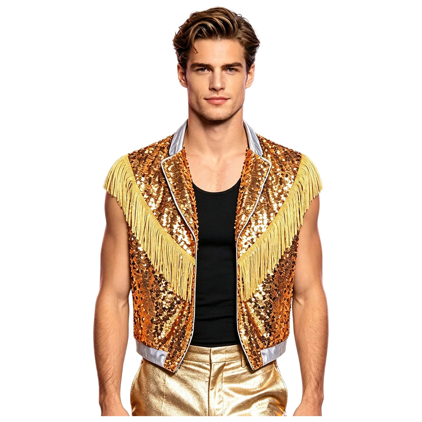 Men's Metallic Sequin Tassel Open-Front Vest Lapel Collar Sleeveless Stage Dance Waistcoat
