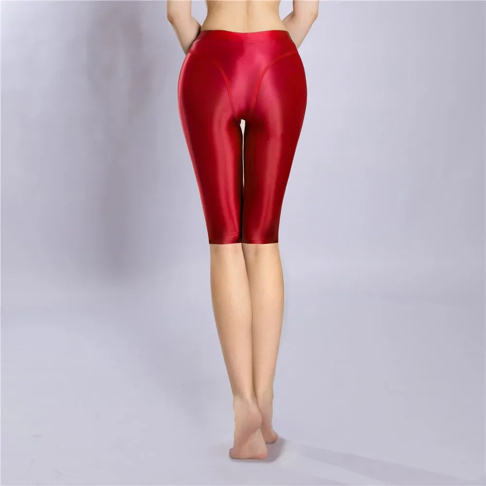 Women Shaping Short Stain Smooth Oil Glossy Shiny Elastic Shorts Sheer See Through Casual Plus Size Tight Yoga Short Maid Pant