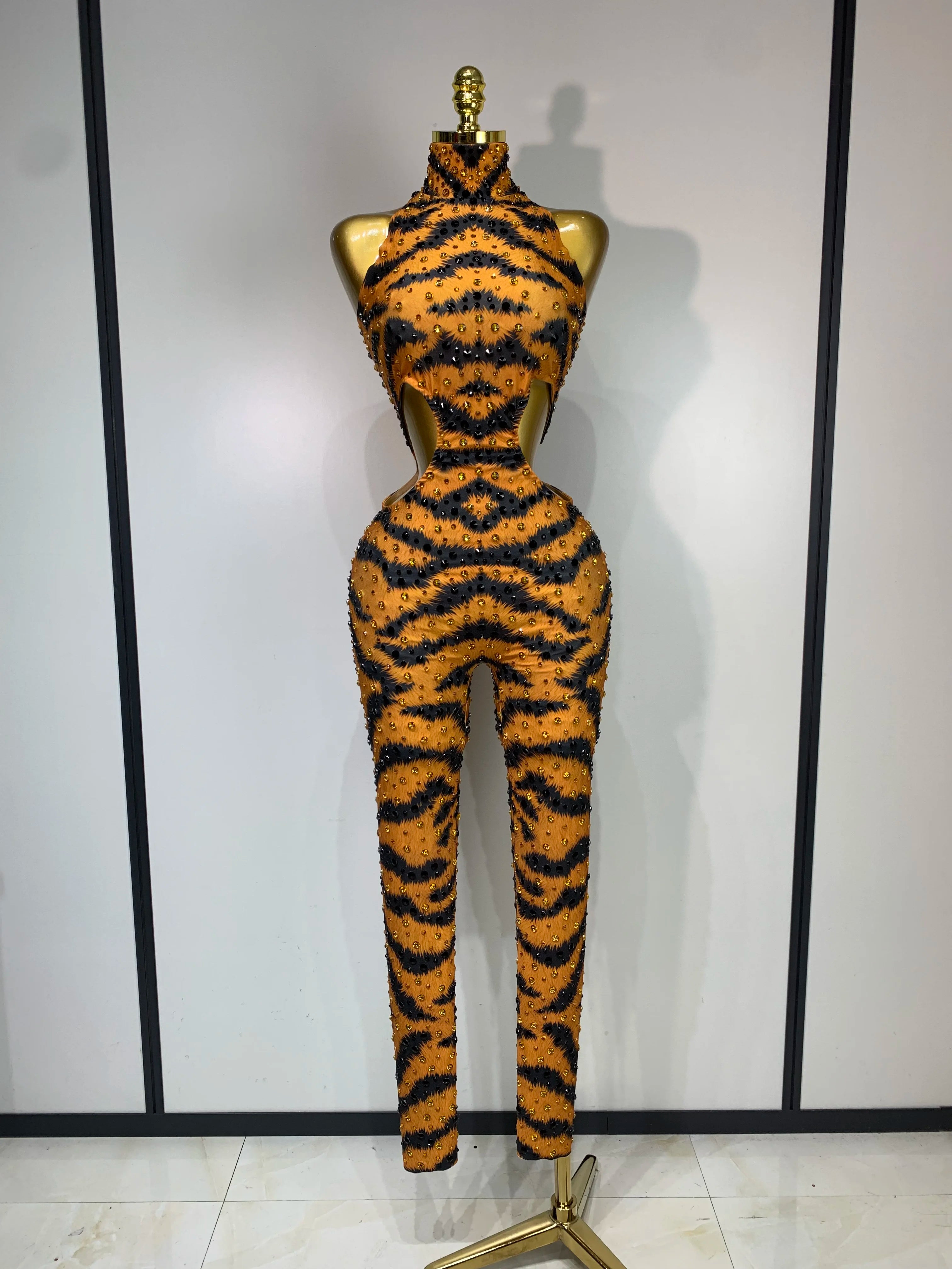 Sparkly Rhinestone Tiger Pattern Bodycon Jumpsuit Halter Stage Costume