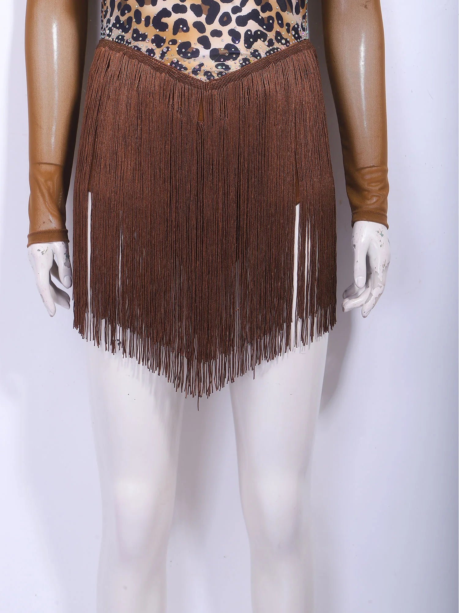 Leopard Rhinestone Fringe Latin Dance Bodysuit Mesh Long Sleeve Stage Performance Dress