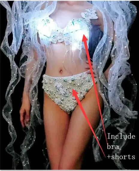 Pearl & Crystal Bustier Bikini Set & LED Illuminated Jellyfish Tentacle Headdress Stage Costume