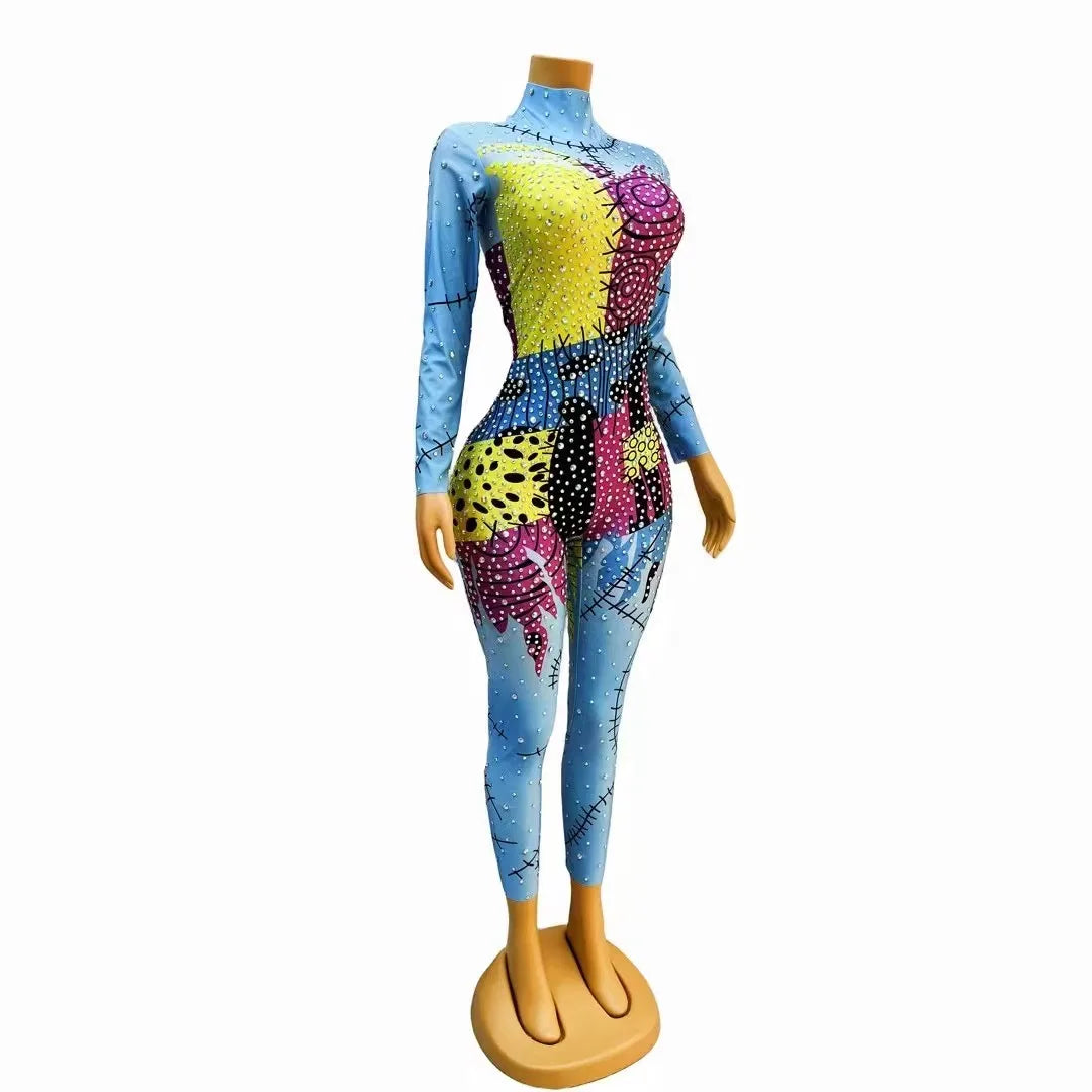 Women's Sky Blue AB Rhinestone Bodysuit & Leggings Set | Colorful Sparkly Jumpsuit for Stage & Club