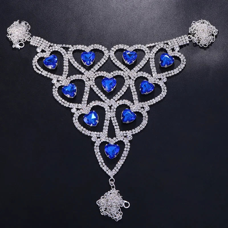 Sparkly Glass Crystal Rhinestone Heart Body Chain Bra & Thong Lingerie Set