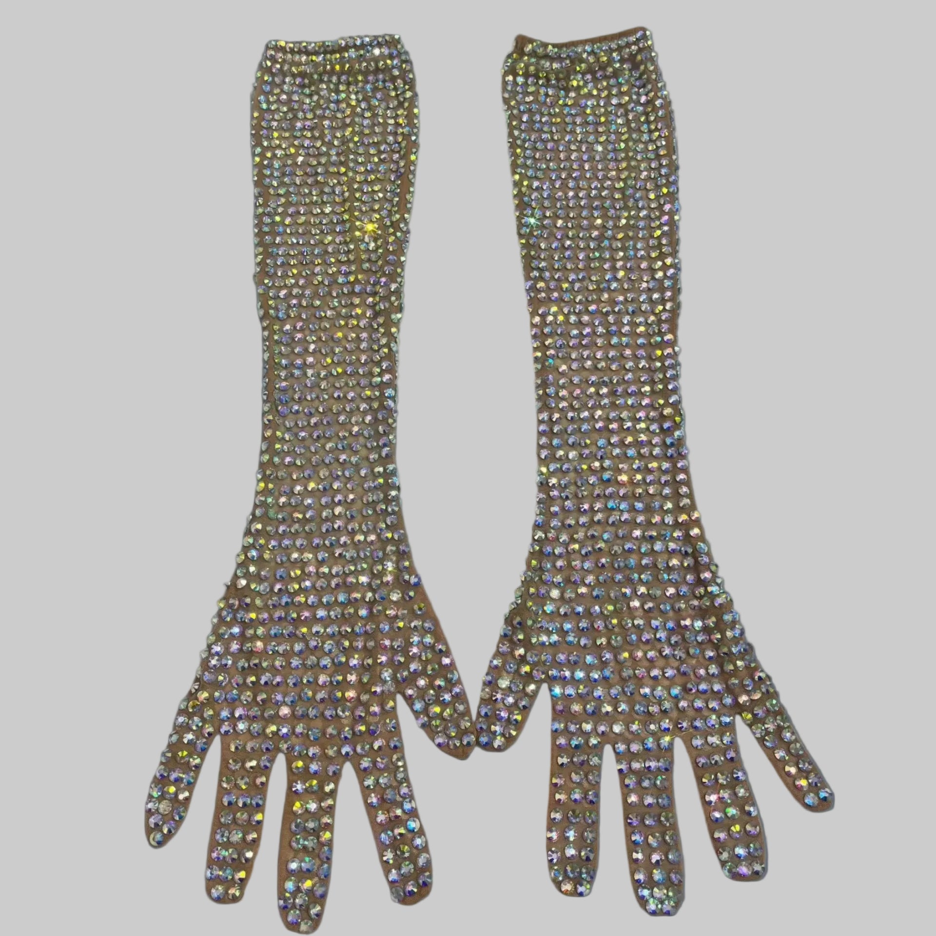 AB Rhinestone Sheer Mesh Long Opera Gloves Stage Performance Costume Accessory