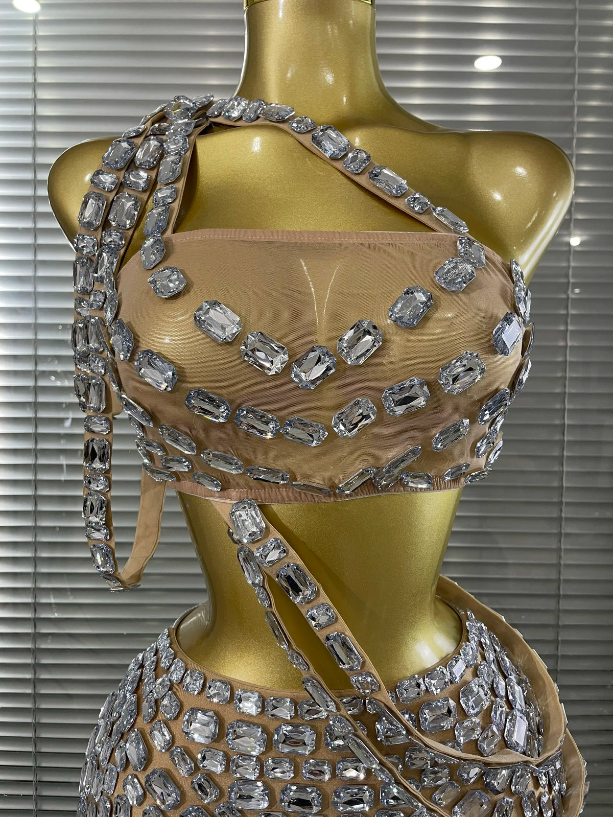 Silver Crystal Perspective Two Pieces Costume Set Performance Dancer Singer Nightclub Women's Outfit