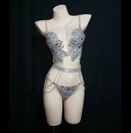 Sparkly Crystal Rhinestone Diamond Bra & Bikini Set Stage Costume
