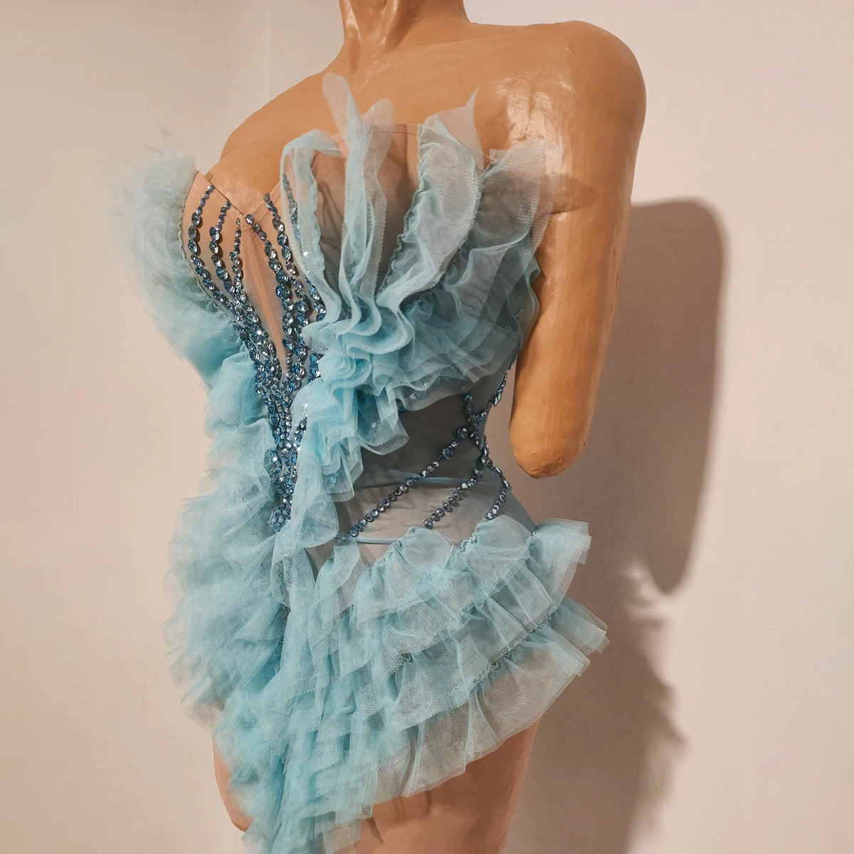 Vintage-Inspired Sparkly Rhinestone Sheer Blue Geometric Pattern Tube Short Dress