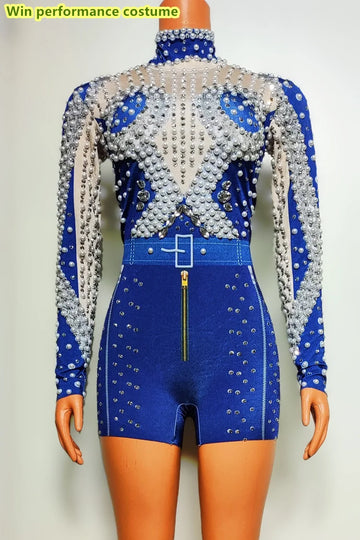 Royal Blue Pearl & Rhinestone Long Sleeve Romper Belted Stage Dance Costume