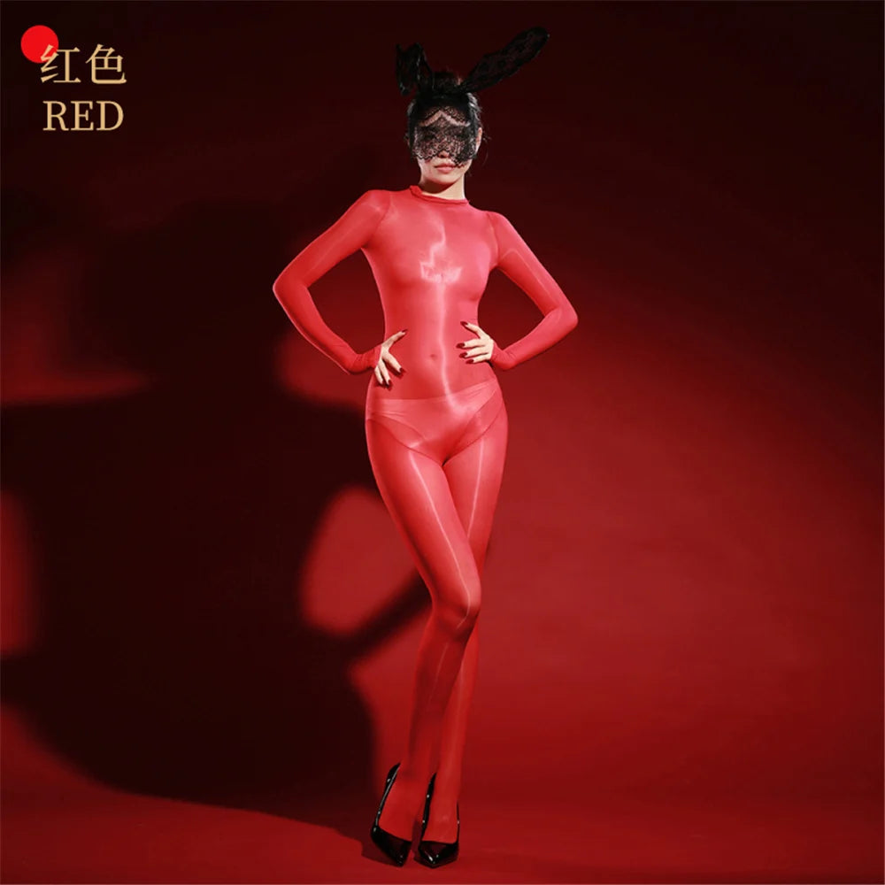 Oil Glossy High-Stretch Sheer Full-Length Bodysuit Thong Catsuit Jumpsuit