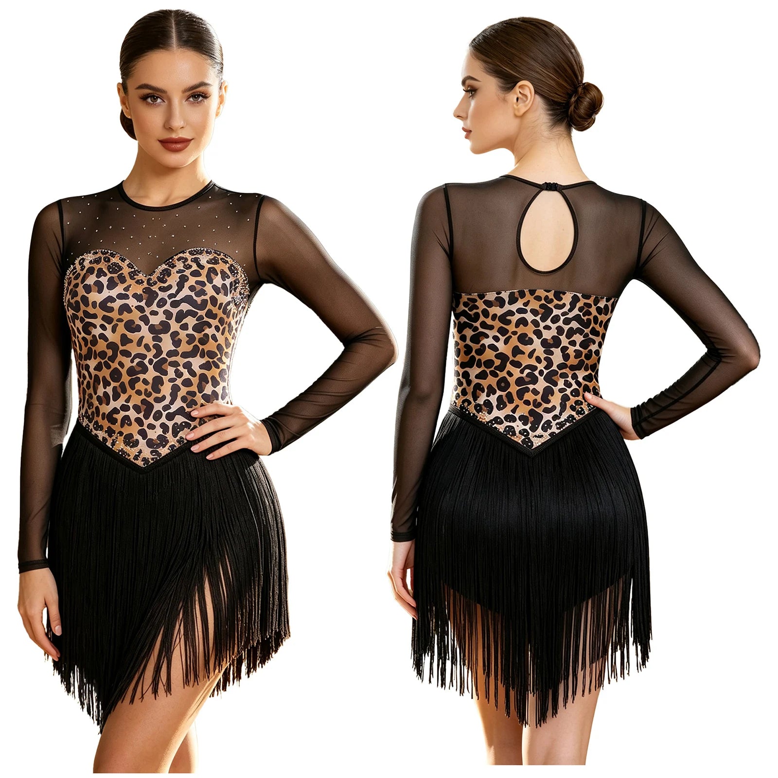 Leopard Rhinestone Fringe Latin Dance Bodysuit Mesh Long Sleeve Stage Performance Dress