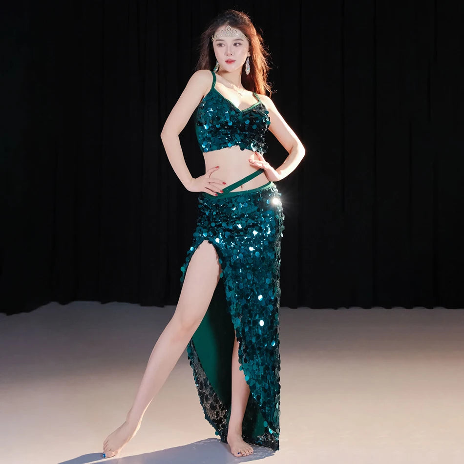 Sequin Oriental Belly Dance Top & Flowing Skirt 2-Piece Performance Set