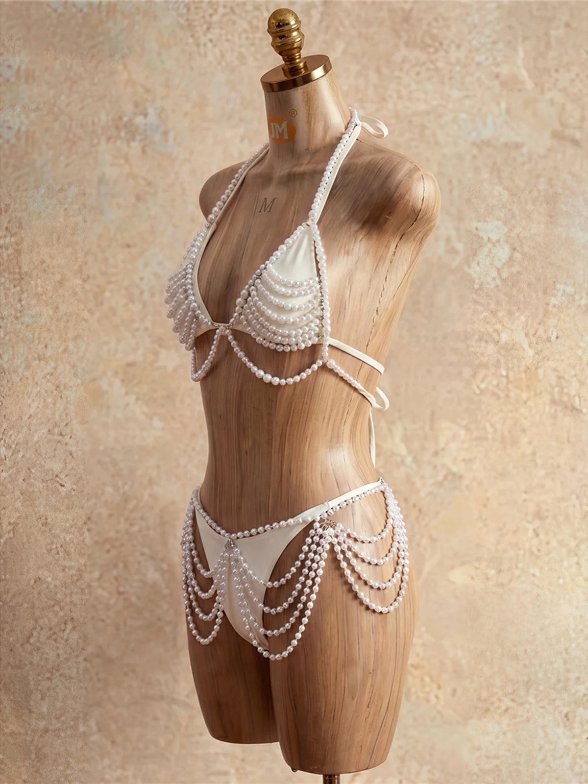 The Stardust Pearl Cascade 4-Piece Bikini – Luxury Pearl Body Chain Showgirl Set