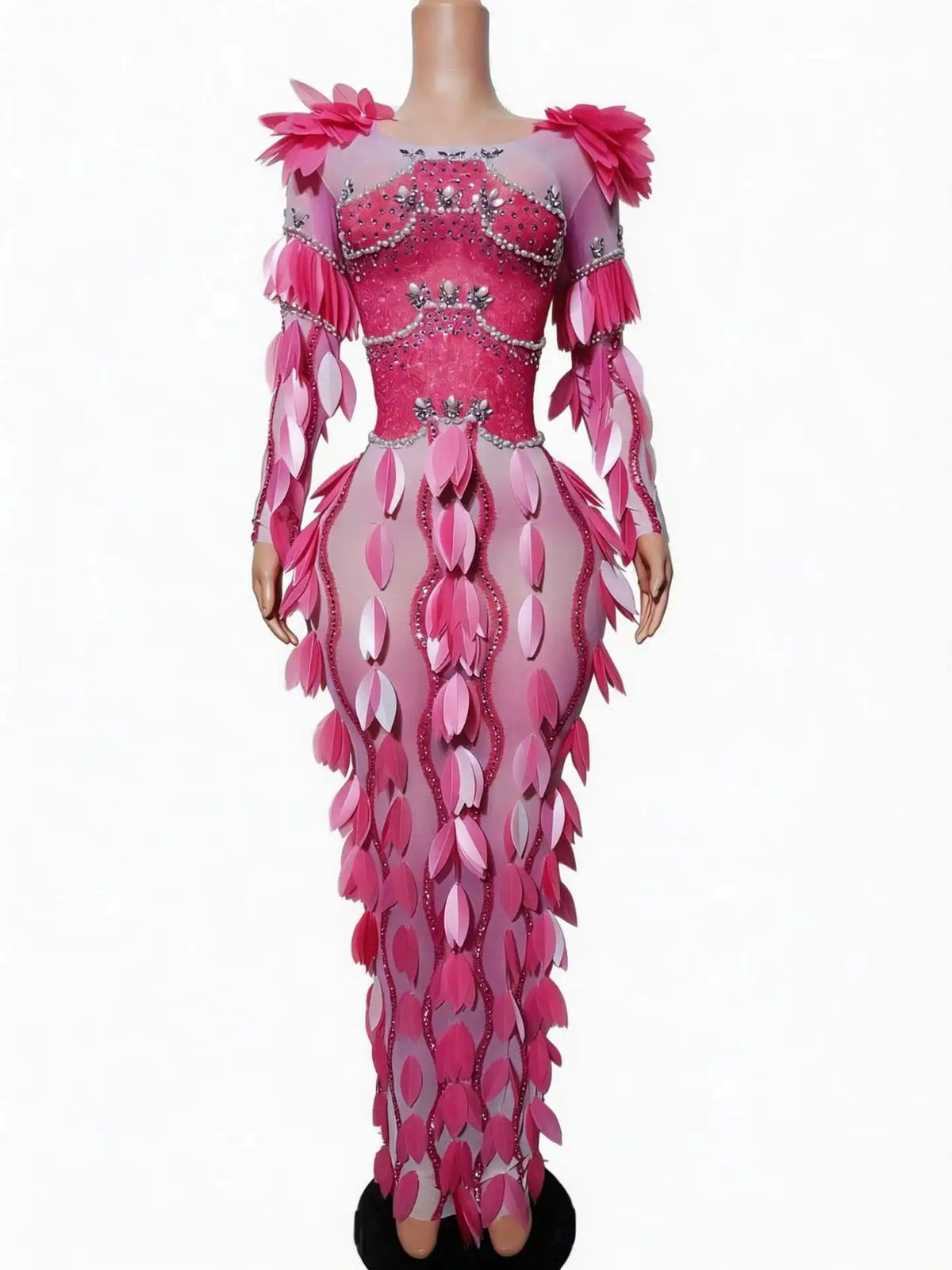 Women's Rhinestone Pearl Leaf Mesh Long Dress | Luxury Sparkly Gown for Wedding, Birthday & Stage