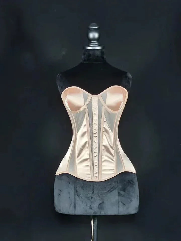 Strapless Breathable Mesh Corset Bustier Built-In Bra Boned Waist Cincher Top