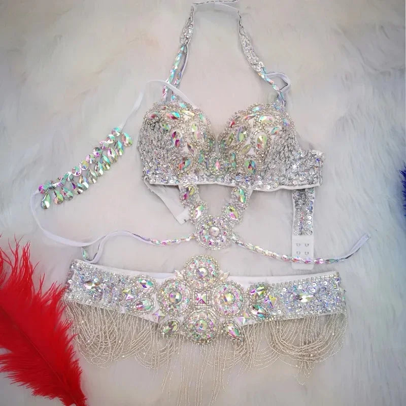 Samba Beaded Belly Dance Costume Set – Women's Bra & Waist Belt for Carnival, Stage & Performance