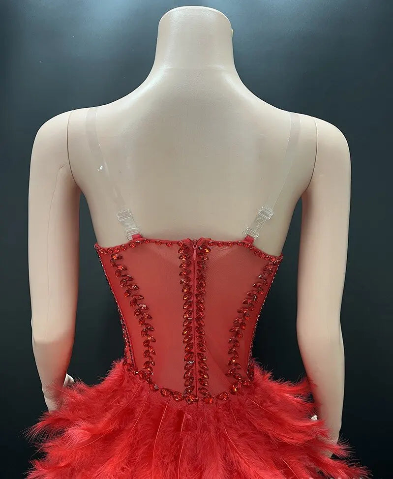 V-Neck Crystal Corset High-Low Feather Gown & Special Occasion Birthday Dress