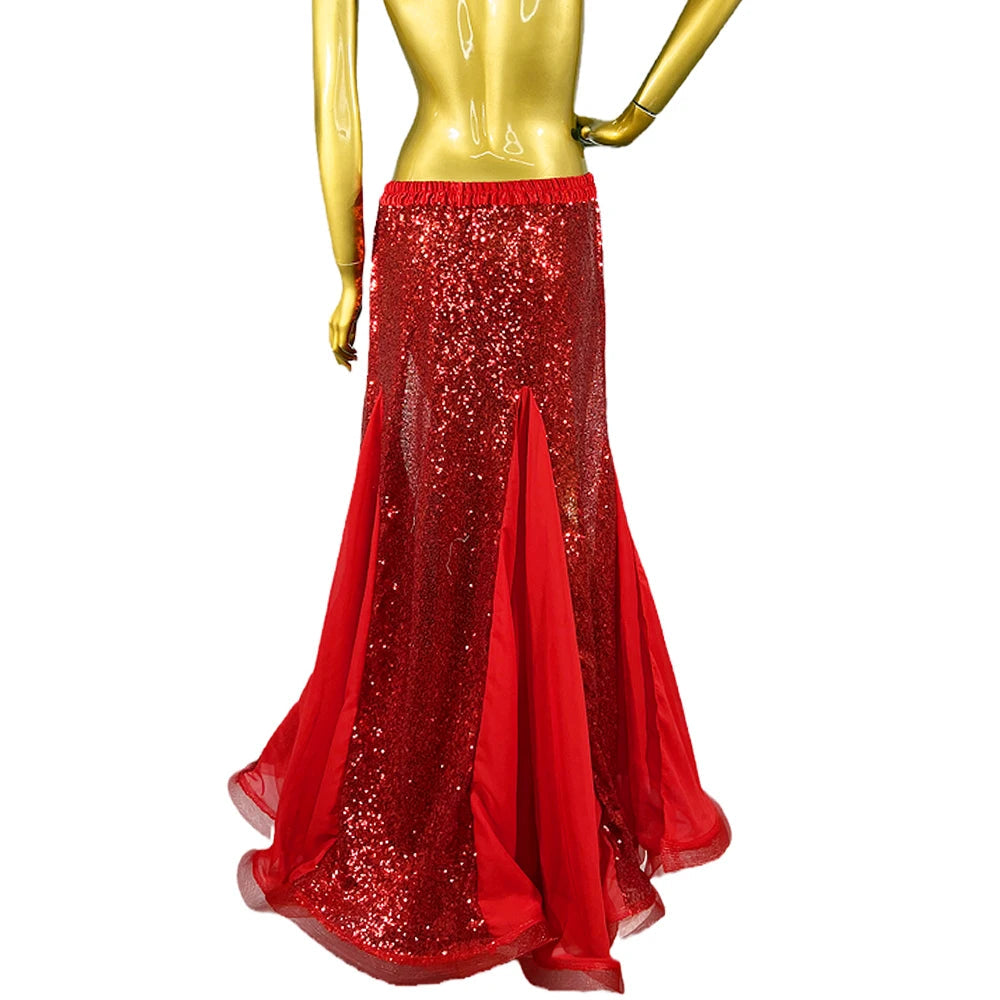 Sparkly Sequined Appliqué Belly Dance Long Performance Skirt