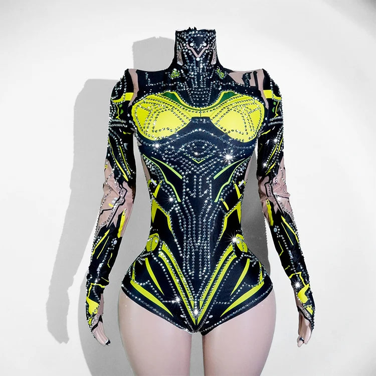 Futuristic Cyber Armor Rhinestone Bodysuit Mock Neck Sleeveless Stage Dance Costume