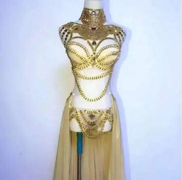 Women's Rhinestone Bikini & Long Trailing Skirt Set | Singer Host Stage Costume for Catwalk & Performance