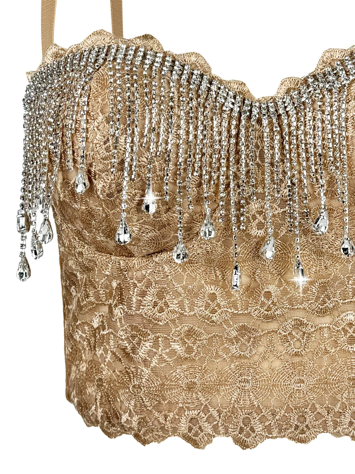 Lace Embroidery Diamond Tassel Bustier Corset Crop Top Stage Party Bralette