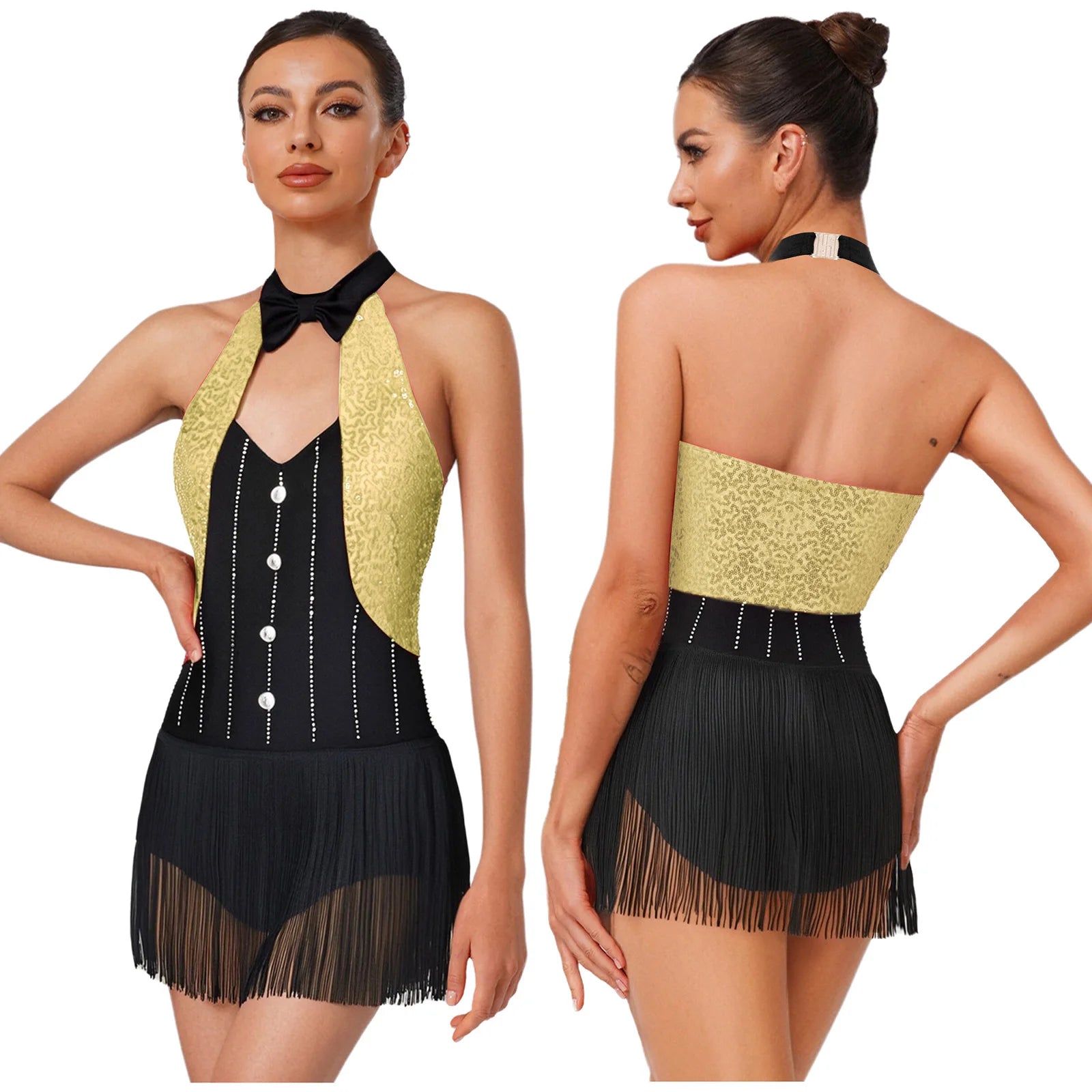 The Stardust Tuxedo Tassel Bodysuit – Luxury Sequins & Rhinestone Showgirl Leotard