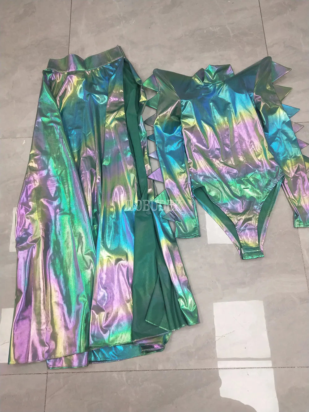 Metallic Armor Bodysuit & Trailing Bustle Skirt 2-Piece Stage Performance Costume Set