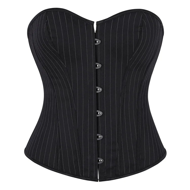 Black Striped Overbust Corset Top Zipper Front Lace-Up Bustier Body Shaper