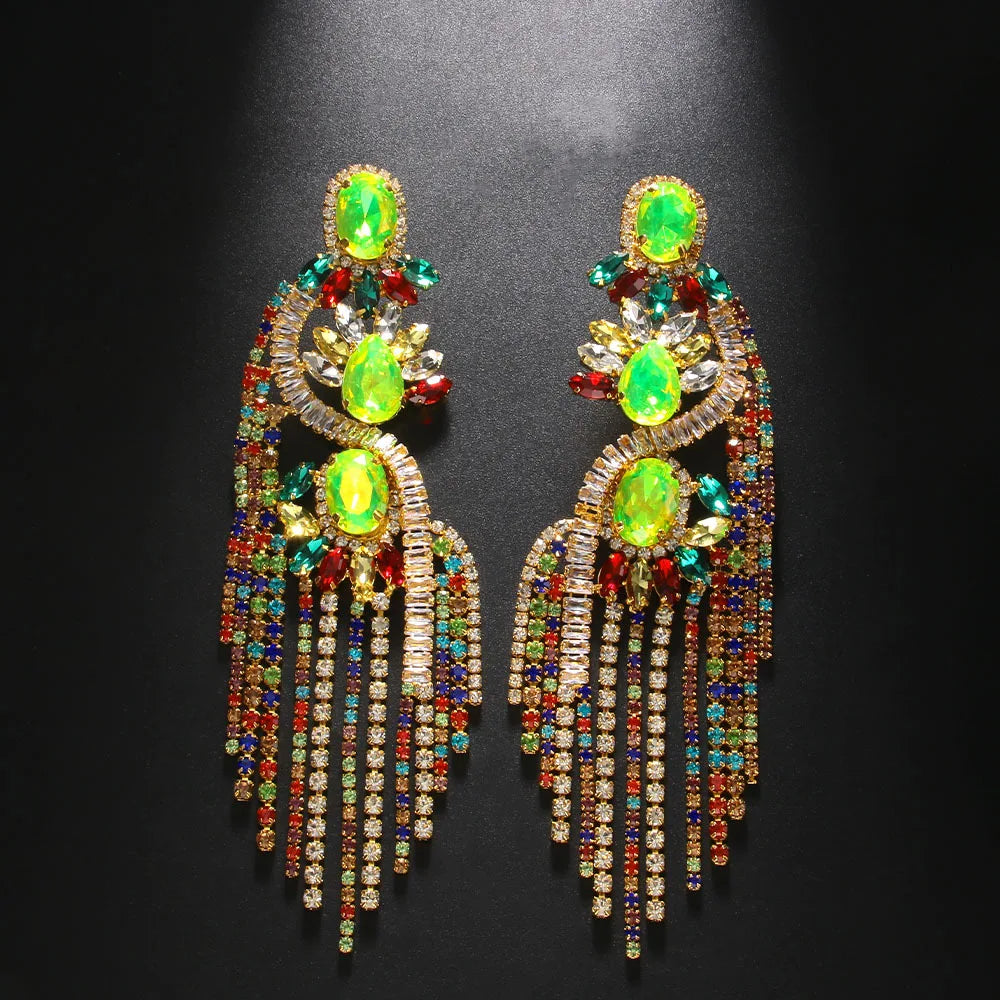 Colorful Rhinestone Tassel Statement Earrings
