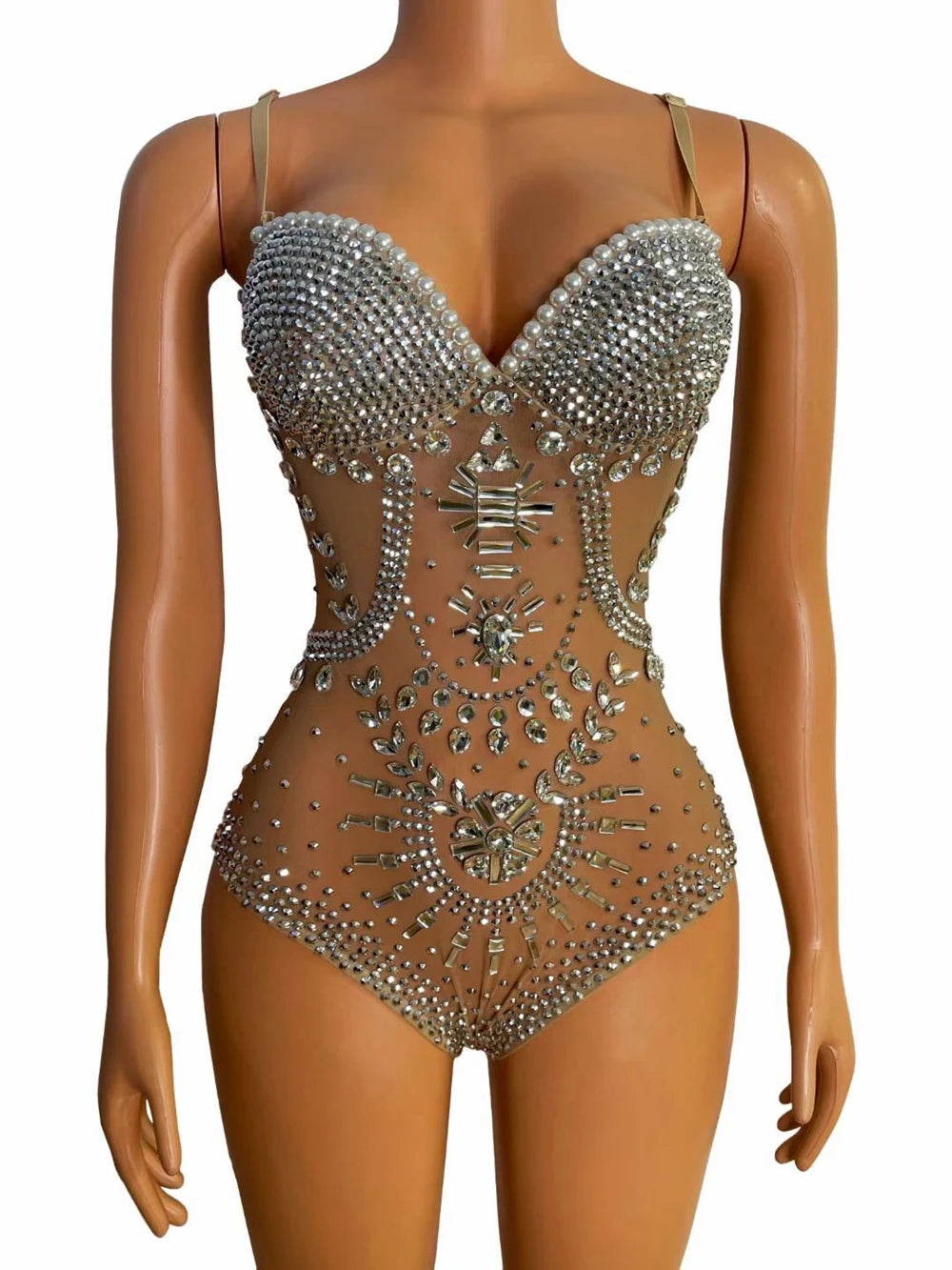 Sparkly Silver Crystal Rhinestone Mesh Leotard Stage Performance Costume