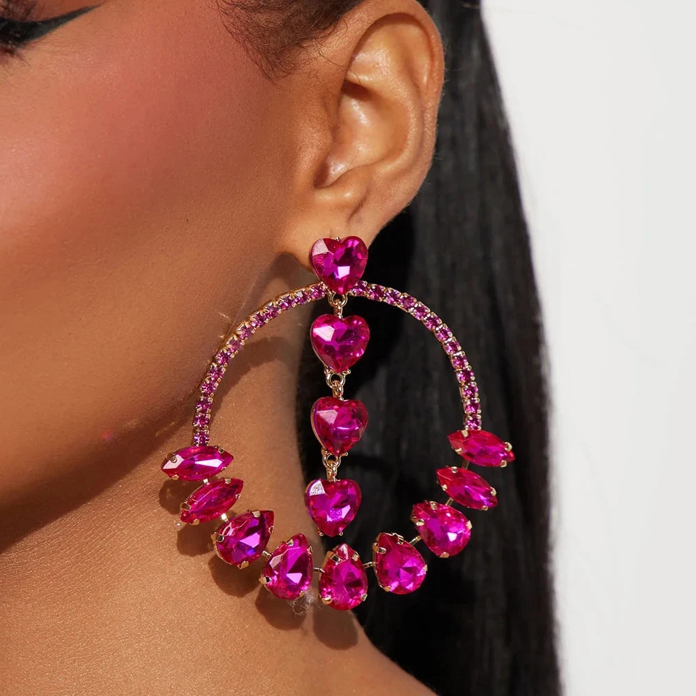 Oversized Pink Crystal Hoop Earrings Heart Pendant Drag Queen Stage Drop Jewelry