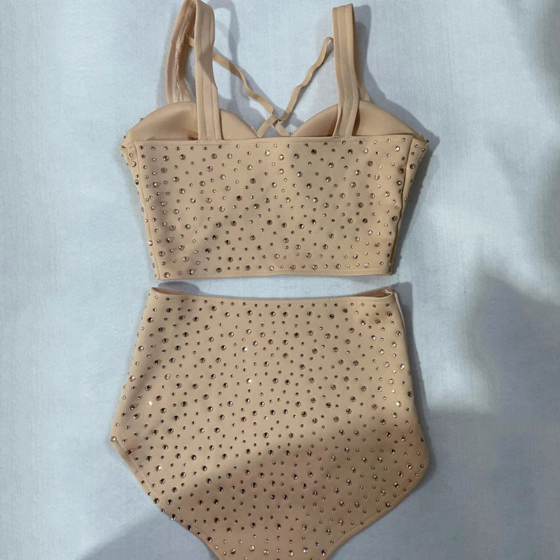 Skin Tone High-Waist Rhinestone Bikini Shorts & Pole Dance Performance Outfit