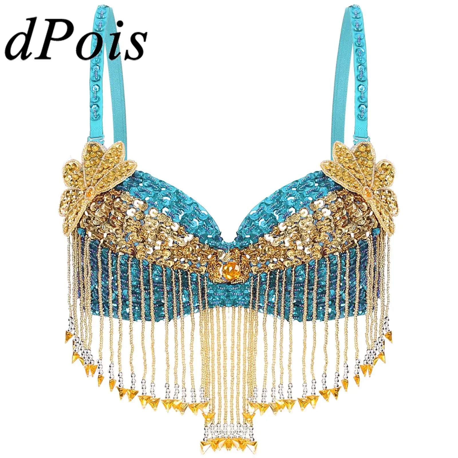 Sparkly Floral Beaded Sequin Belly Dance Bra & Tassel Performance Top
