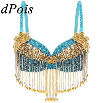 Sparkly Floral Beaded Sequin Belly Dance Bra & Tassel Performance Top