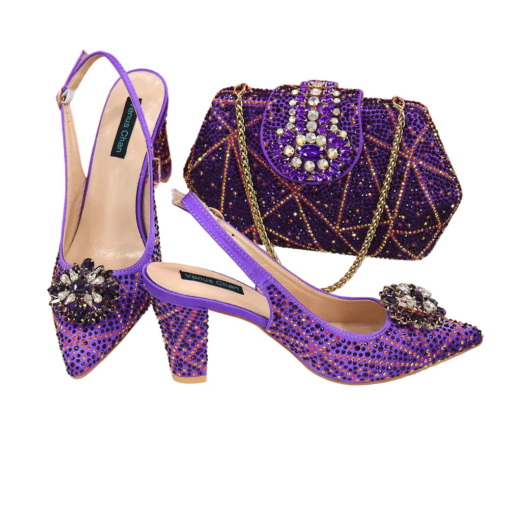 Italian Shoe and Bag Set With Decorated with Rhinestone
