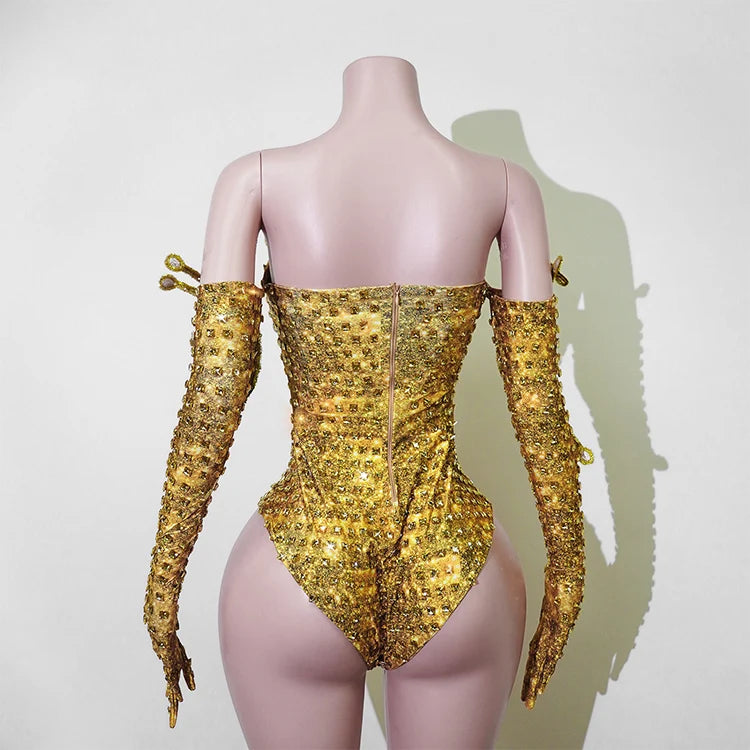 Sparkly Gold Rhinestone Bodysuit Sunburst Collar Spiked Glove Sleeves Costume