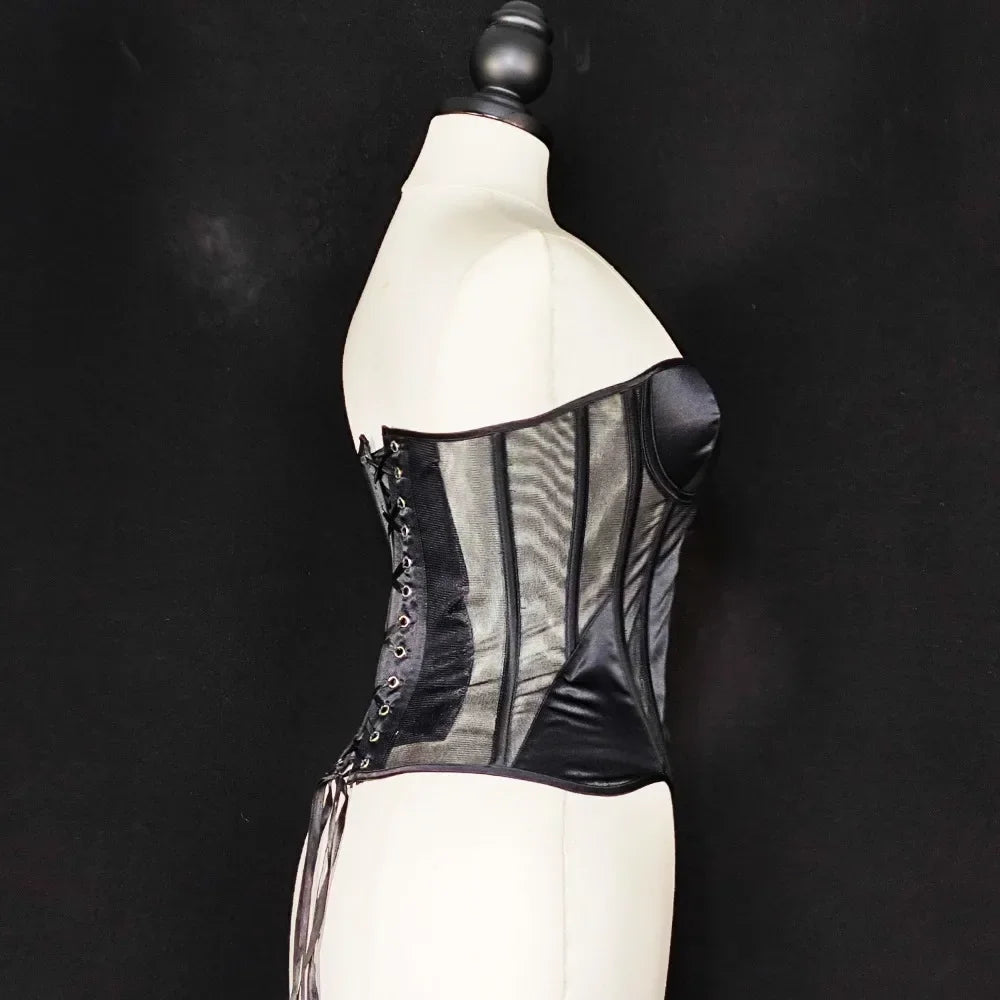 Strapless Breathable Mesh Corset Bustier Built-In Bra Boned Waist Cincher Top