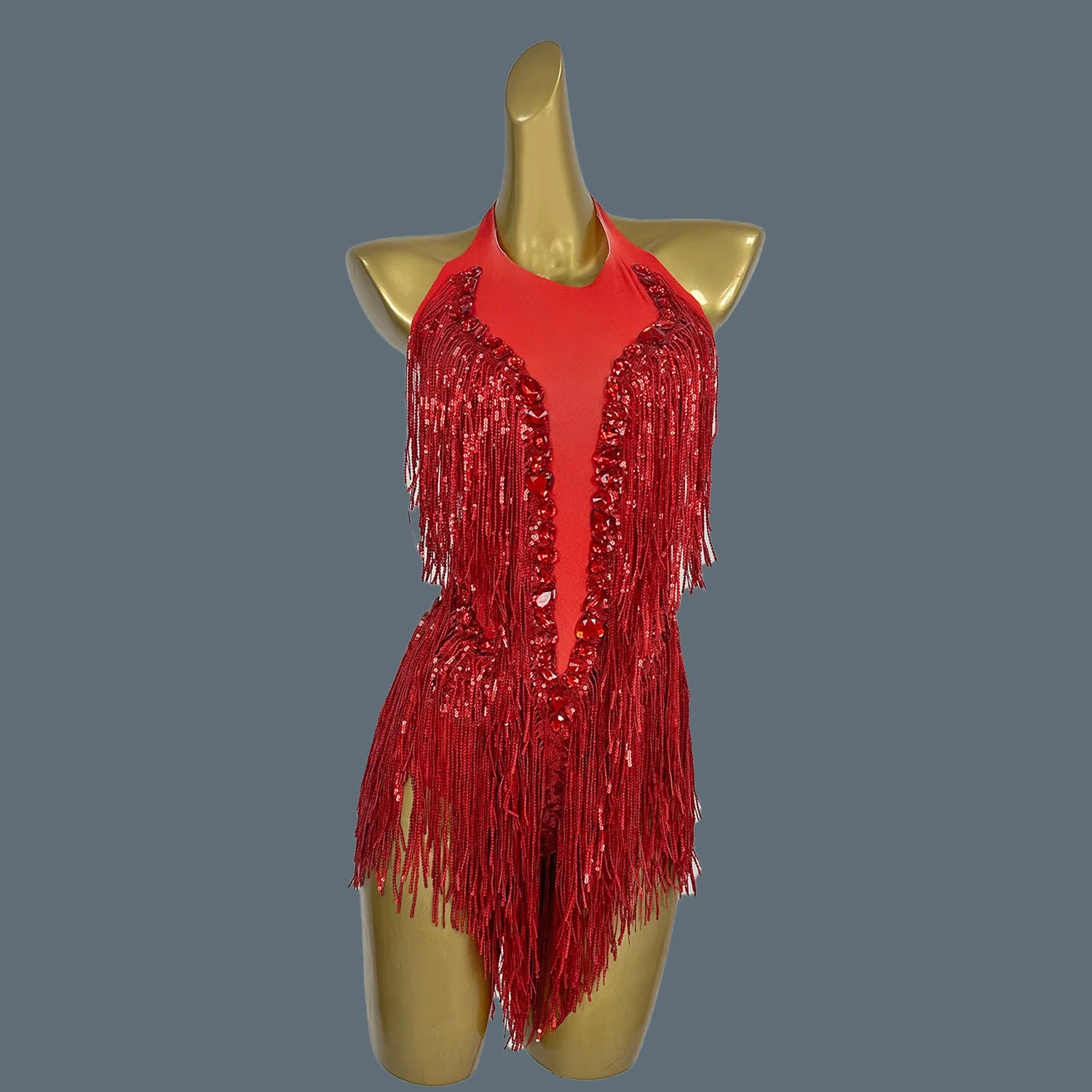 Crystal Sequin Tassel Bodysuit Dance Performance Stage Costume Leotard