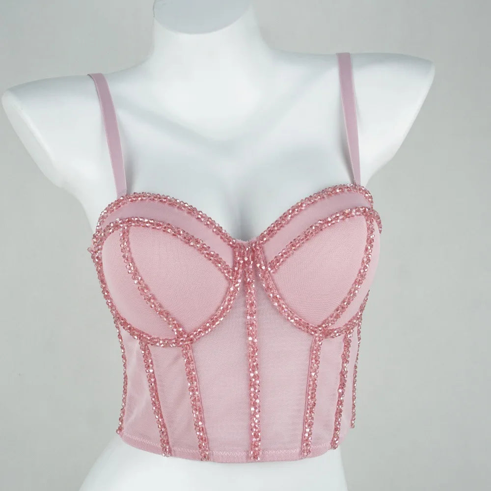 Pearl Beaded Bustier Corset Crop Top Push-Up Evening Party Camisole