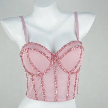Pearl Beaded Bustier Corset Crop Top Push-Up Evening Party Camisole