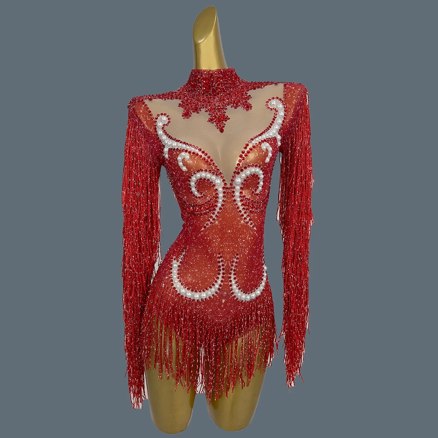 Pearl & Rhinestone Tassel Stage Costume Bodysuit Dance Leotard