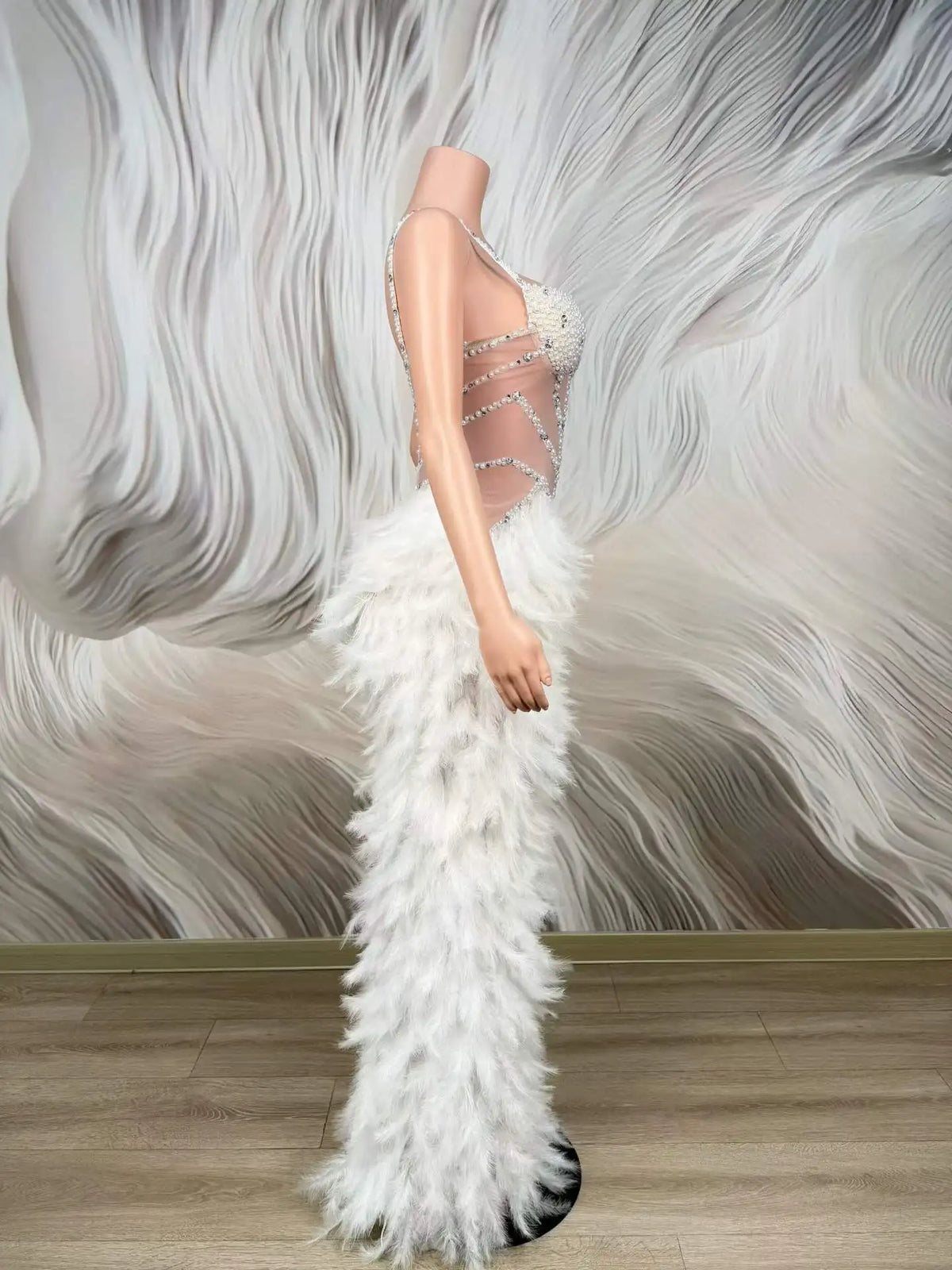 Women's White Pearl Rhinestone Feather Maxi Dress | Sweetheart Spaghetti Strap Gown for Pageant & Stage