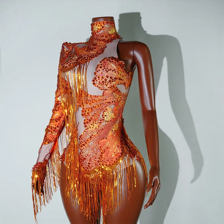 Leopard Sequin Fringe Asymmetrical Bodysuit One-Sleeve Stage Performance Costume