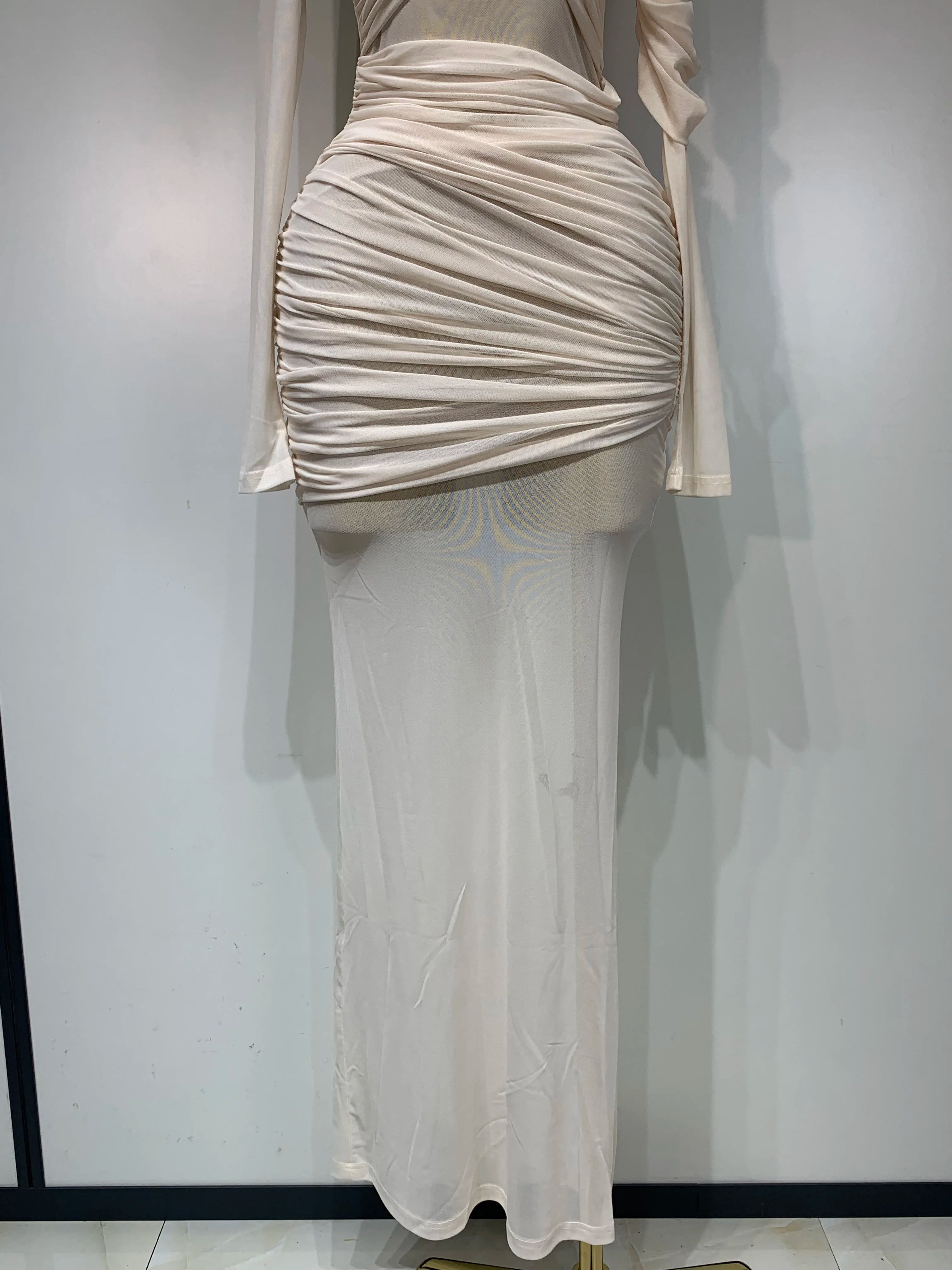 Ruched Mesh Draped Bodycon Maxi Dress Long Sleeve Illusion Evening Gown