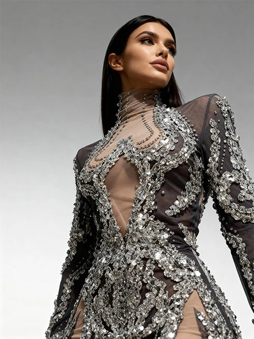 Sparkly Silver Rhinestone & Sequin Sheer Mesh Mini Dress Stage Costume