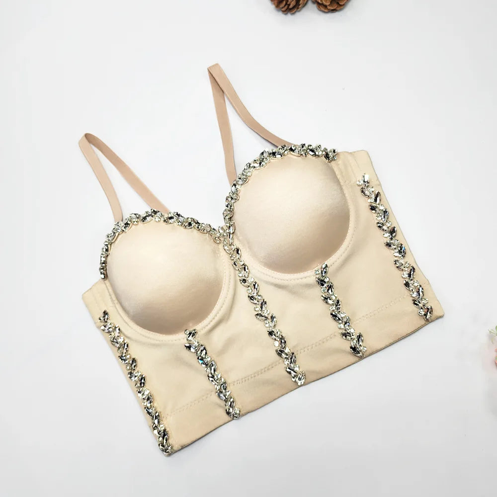 Crystal Chain Strap Bustier Corset Crop Top Hook-and-Eye Stage Bralette