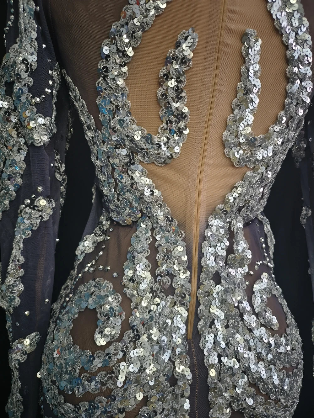 Sparkly Silver Rhinestone & Sequin Sheer Mesh Mini Dress Stage Costume