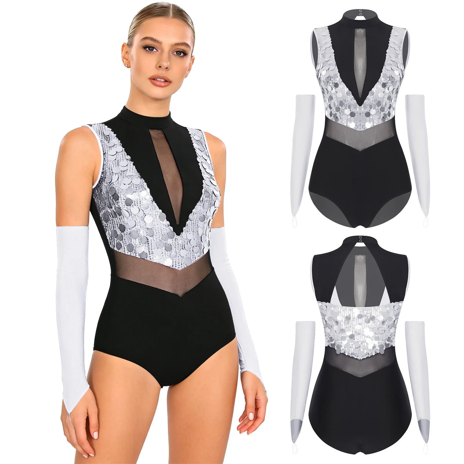 Sparkly Sequin Mock Neck Dance Leotard & Gloves Two-Piece Bodysuit Set