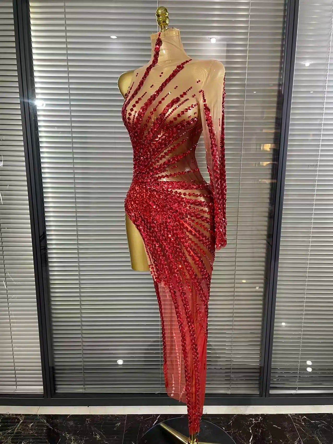 Gold Crystal Illusion Sweetheart Gown High-Slit Mermaid Train Evening Dress